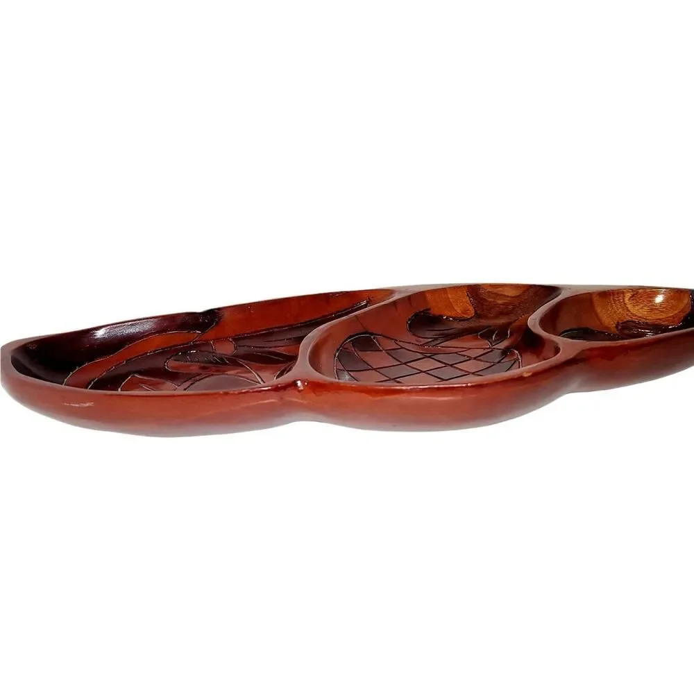 VINTAGE HAITI HAND CARVED WOOD TRAY FISH APPLE‎ TROPICAL LEAF 2 SIDED CARVING